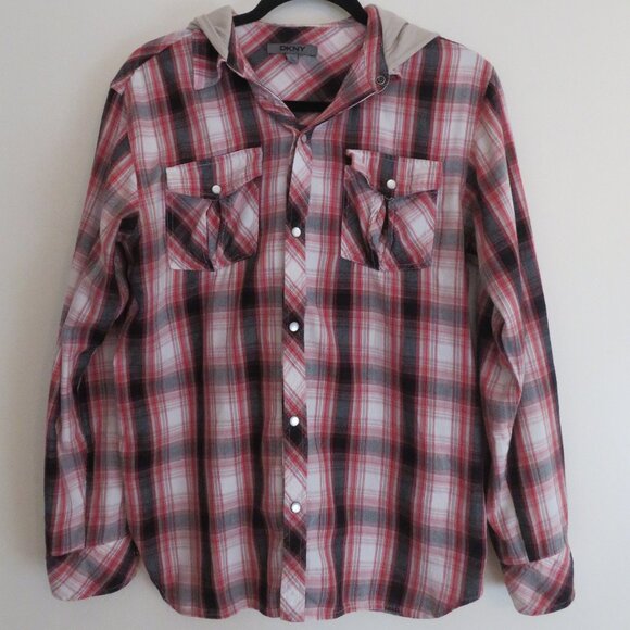 DKNY | Size XL | Cotton Hooded Button Up Plaid Sweater Long Sleeve Y2K Vintage - Picture 2 of 12